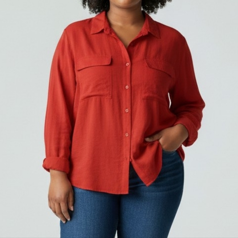 Vintage Womens 100% Silk 2 Pocket Long Sleeve Button Front Shirt Sz L